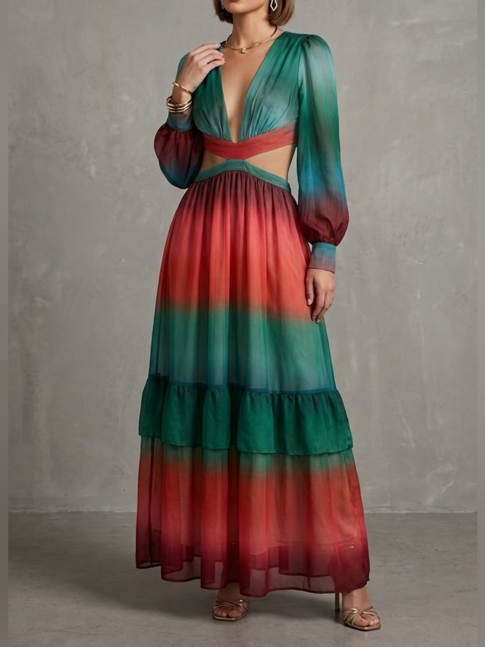 Lillys Kloset Ombre Cutout Maxi Dress Green Red Tiered Bishop Sleeve Womens M